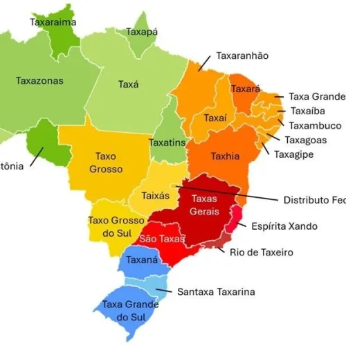 Meme mostra novo mapa do ‘Taxil’ sob ministro ‘Taxadd’ e ‘Partido dos Taxadores’