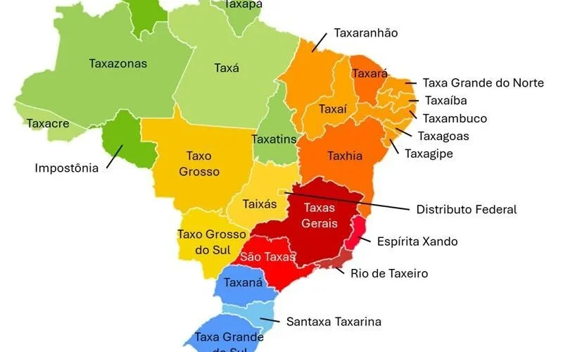 Meme mostra novo mapa do ‘Taxil’ sob ministro ‘Taxadd’ e ‘Partido dos Taxadores’
